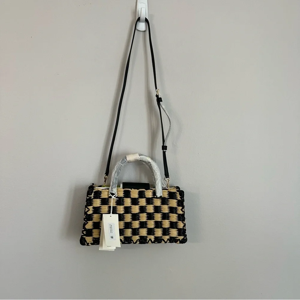 Tory Burch Ella Hand-Crocheted Checkered E/W Top Handle Black/Natural Purse NWT